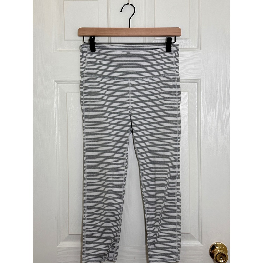 Athleta Grey White Striped High Rise Cropped Leggings Yoga Size M